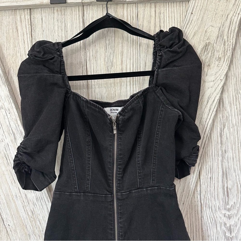 Denim Bershka Puff Sleeve Front Zip Stretch Dress - Picture 11 of 11